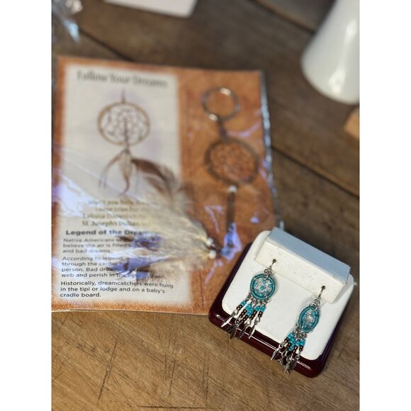 Turquoise Beaded Dreamcatcher Earrings & Feathered Keychain Set - Picture 7 of 7
